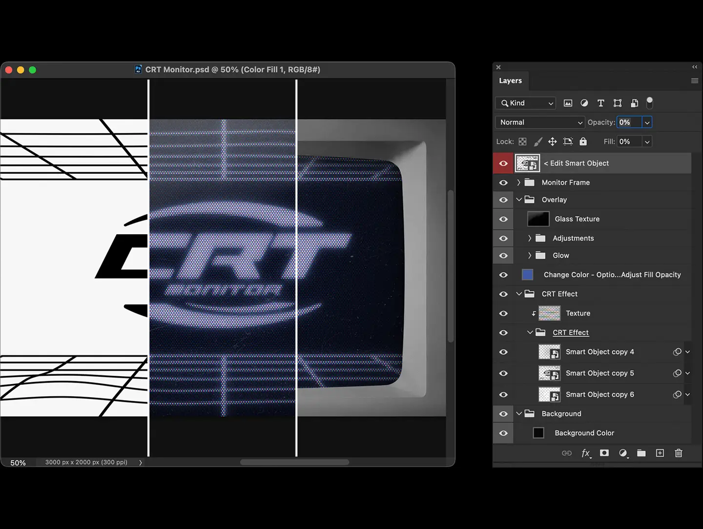 Technical view of the Retro CRT Monitor Mockup showing organized Photoshop layers and smart object workflow