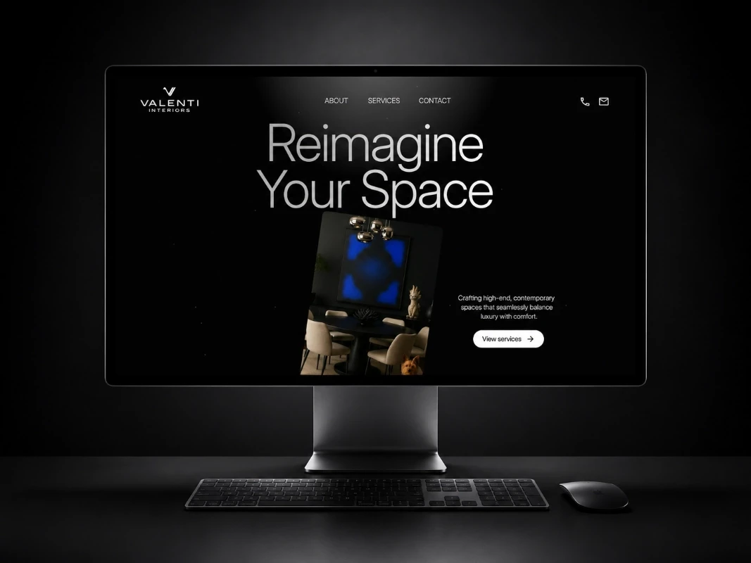 Valenti Interiors website homepage design displayed on an iMac, featuring a "Reimagine Your Space" hero section with luxury interior design imagery