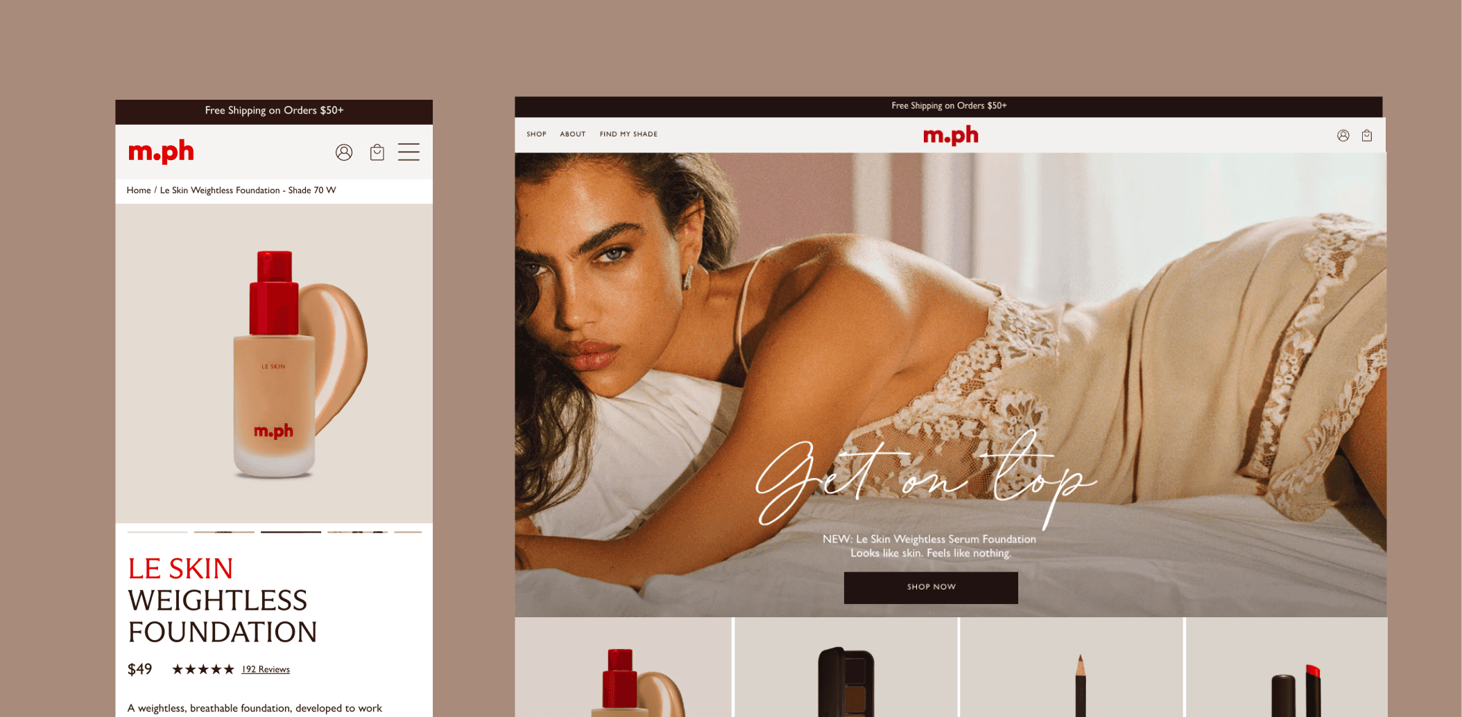 m.ph beauty Shopify homepage showcasing foundation product and campaign imagery
