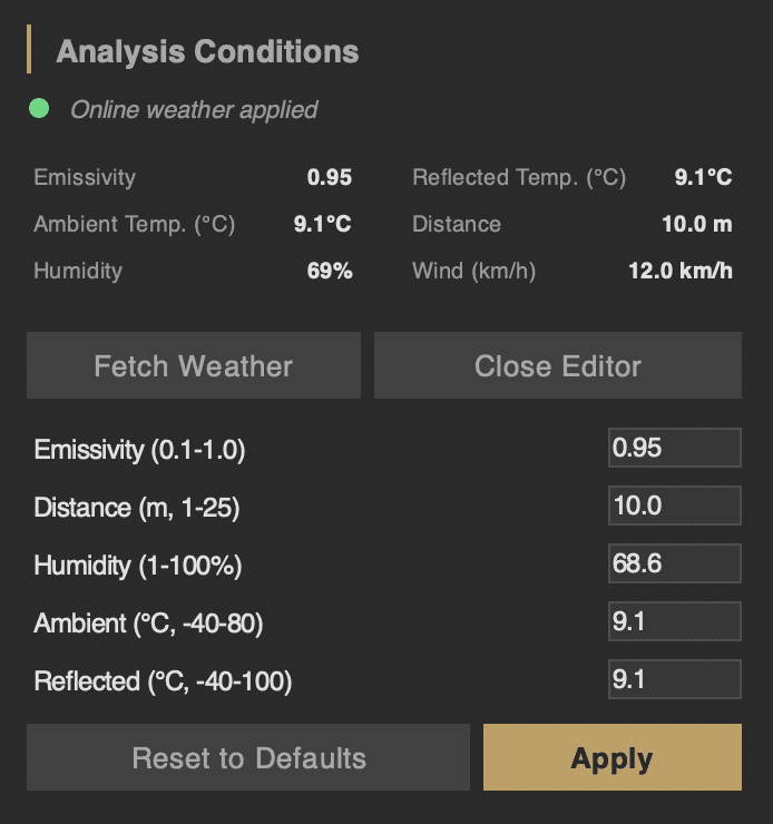Adjusting emissivity and reflected temperature in HeatScribe so measured temperatures reflect the surface being inspected.