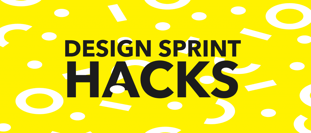 Wide yellow banner reading Design Sprint Hacks with scattered white geometric confetti pattern