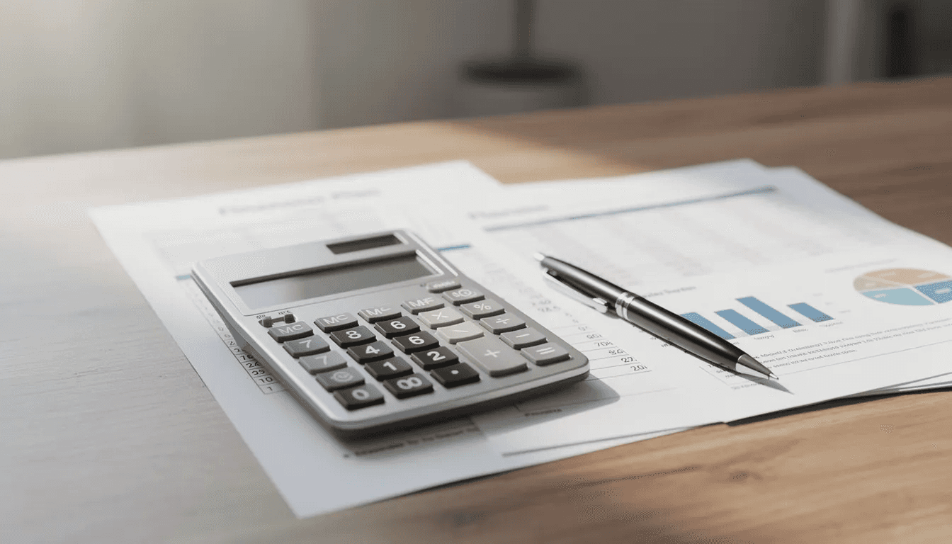 The image depicts a calculator, a pen, and various financial planning documents spread out on a desk, suggesting a focus on retirement income strategies, including fixed and variable annuities. This scene reflects the tools often used by financial professionals to help clients navigate their retirement portfolios and understand the implications of annuity contracts.
