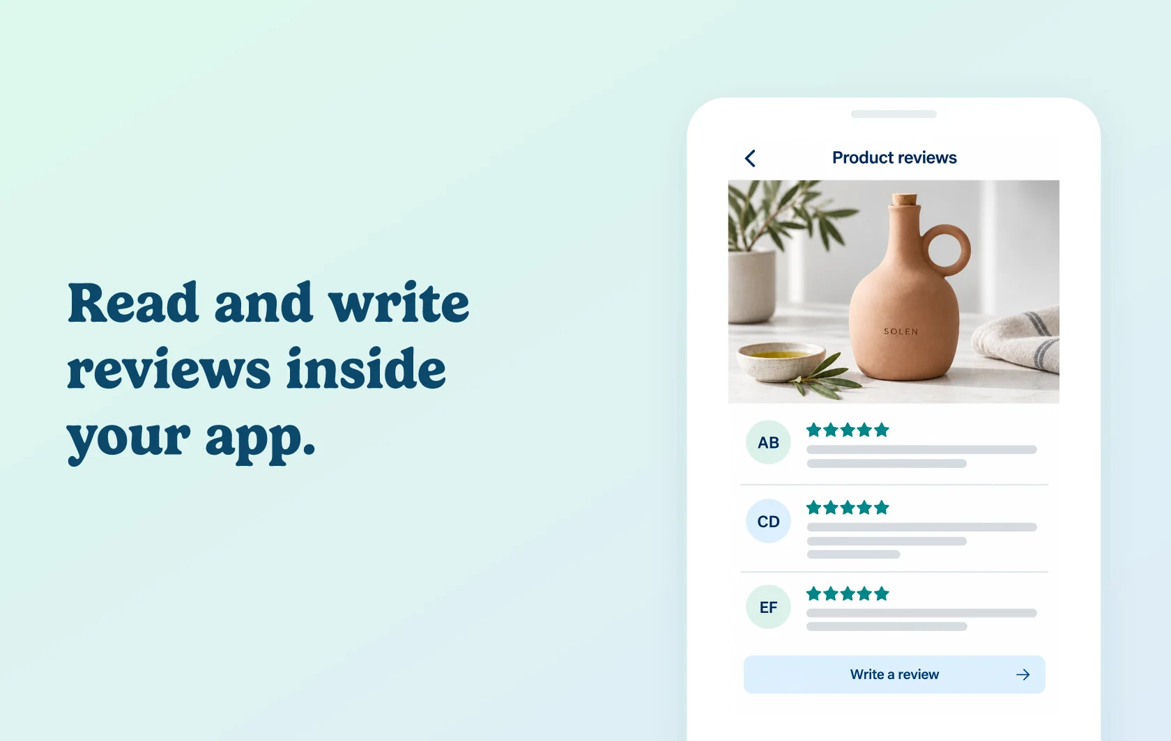 Judge.me and Appbrew integration: illustration of a mobile review screen with a ceramic cruet, customer feedback and a Write a review option.