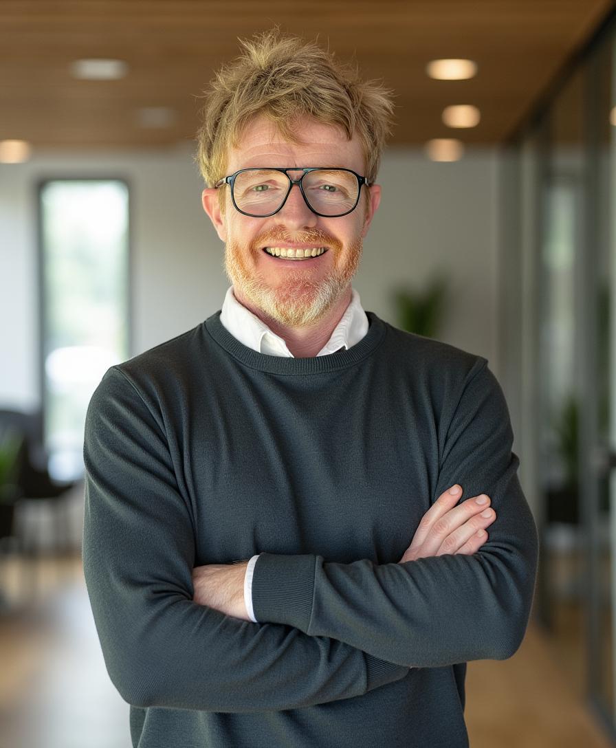 Close-up portrait of a person wearing a gray insulated hooded jacket with the hood up, showing their face framed by the hood against a light background.
