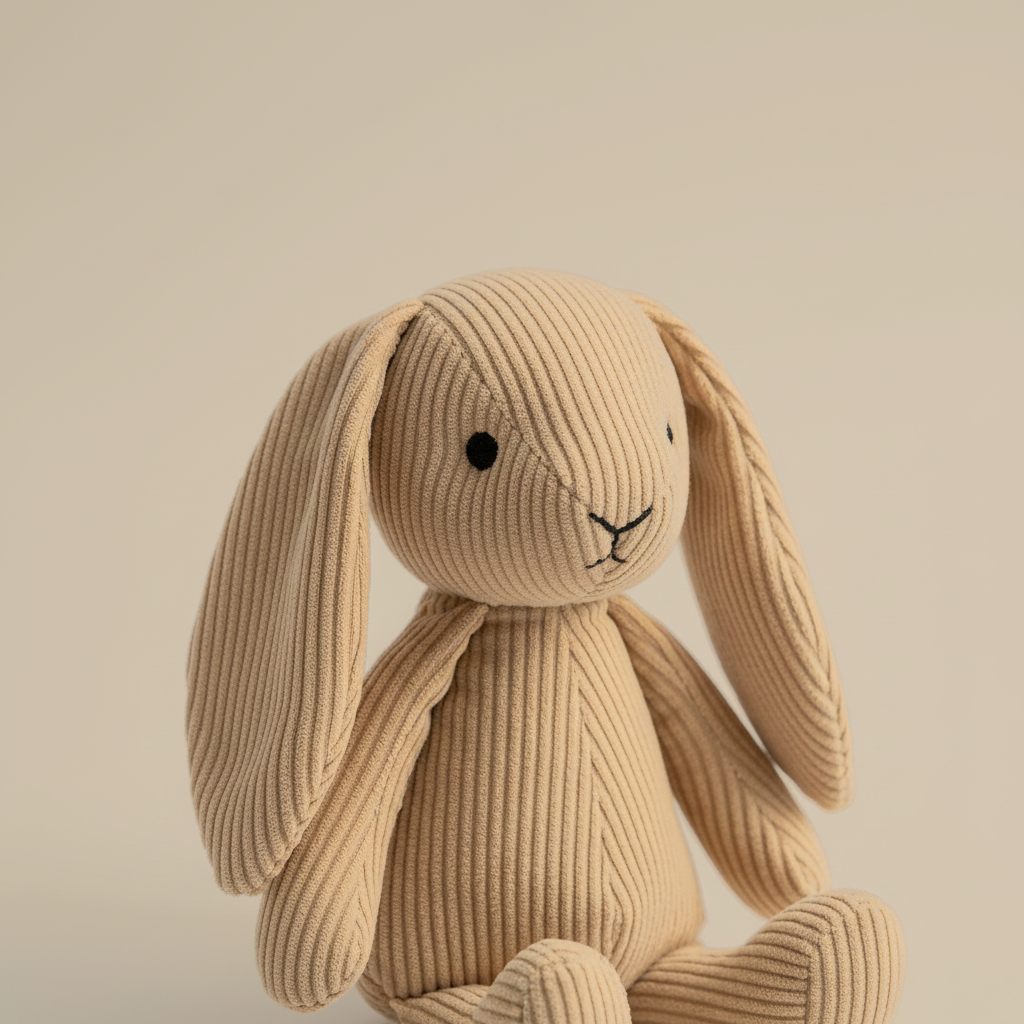 A large brown corduroy bunny stuffed animal with long floppy ears and a satin ribbon around its neck.