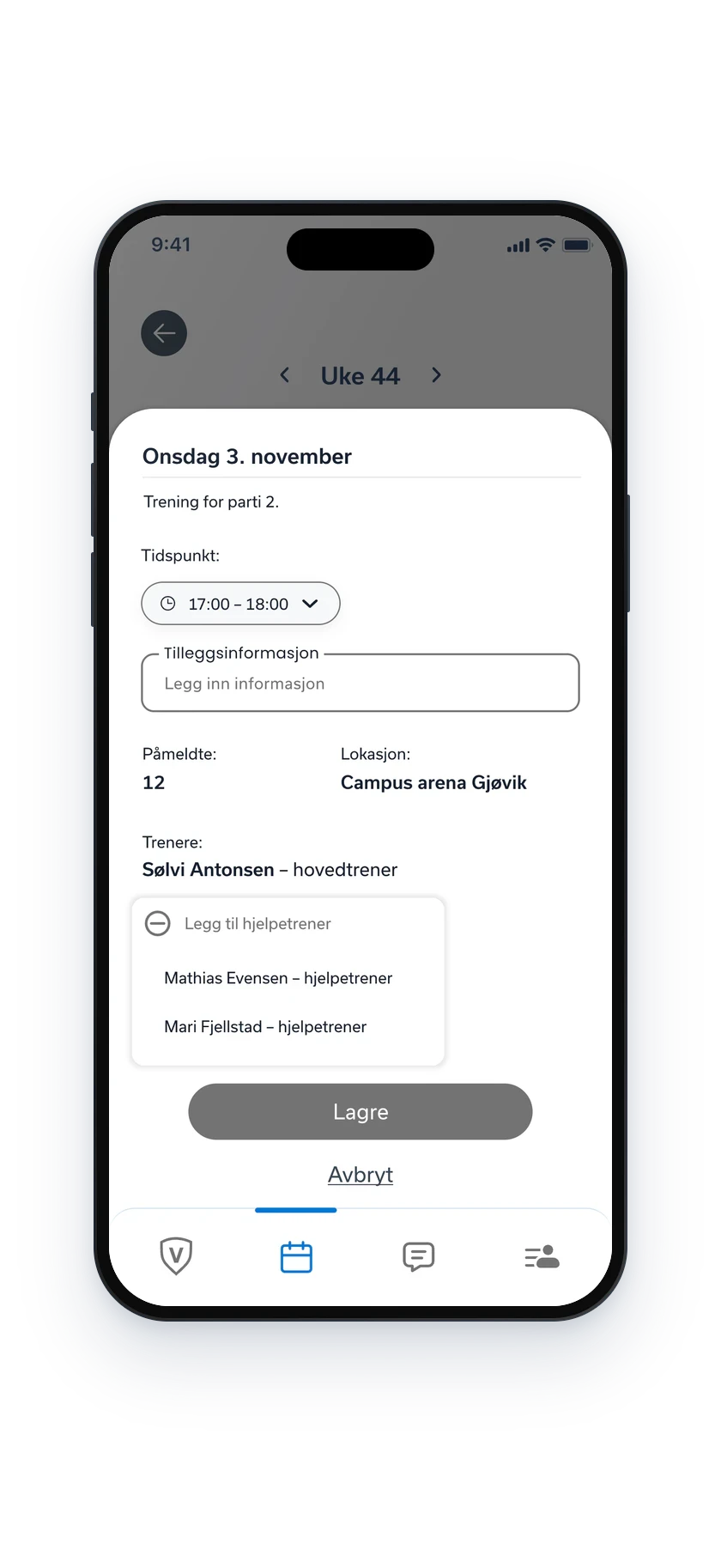 Vardal prototype on a phone: the editing sheet for the same session with the add-assistant-coach list open, offering Mathias Evensen and Mari Fjellstad, above the Lagre (save) button.