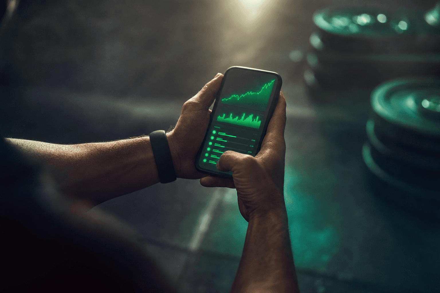 Close-up of a phone showing a workout progress chart and set history in a free workout app