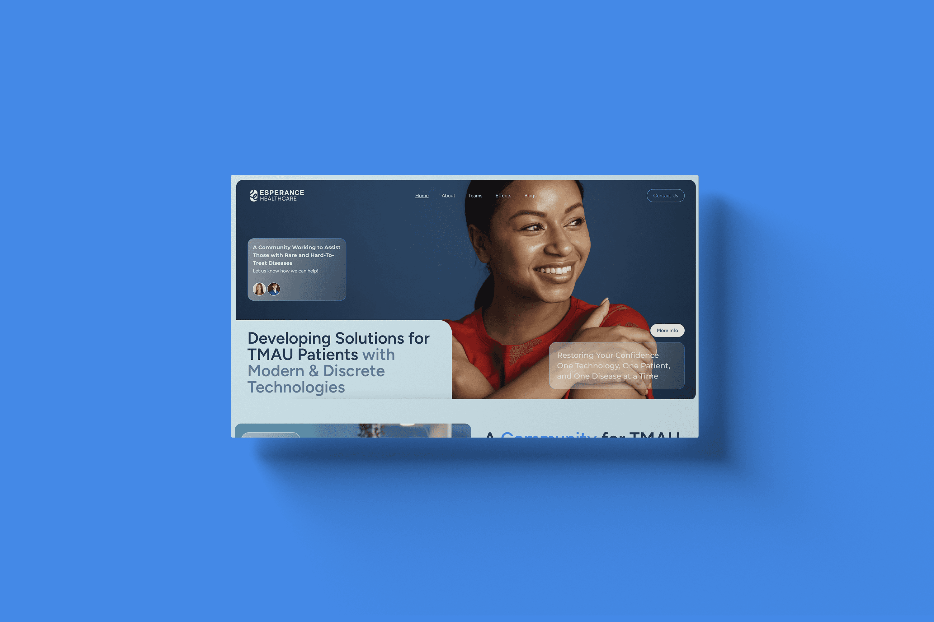 a screenshot of a biotech website home page 'esperance healthcare' on a blue background