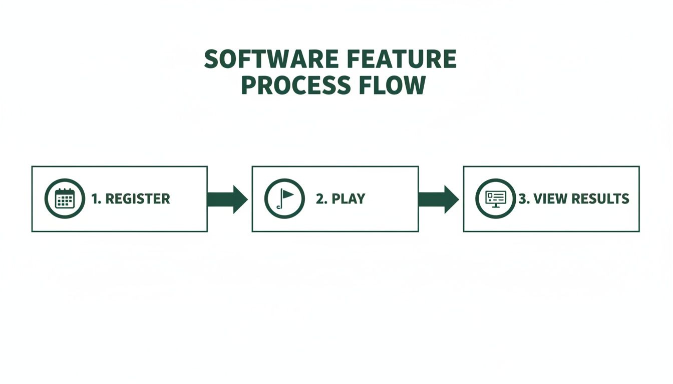 A flowchart illustrates a software feature process with steps: register, play, and view results.