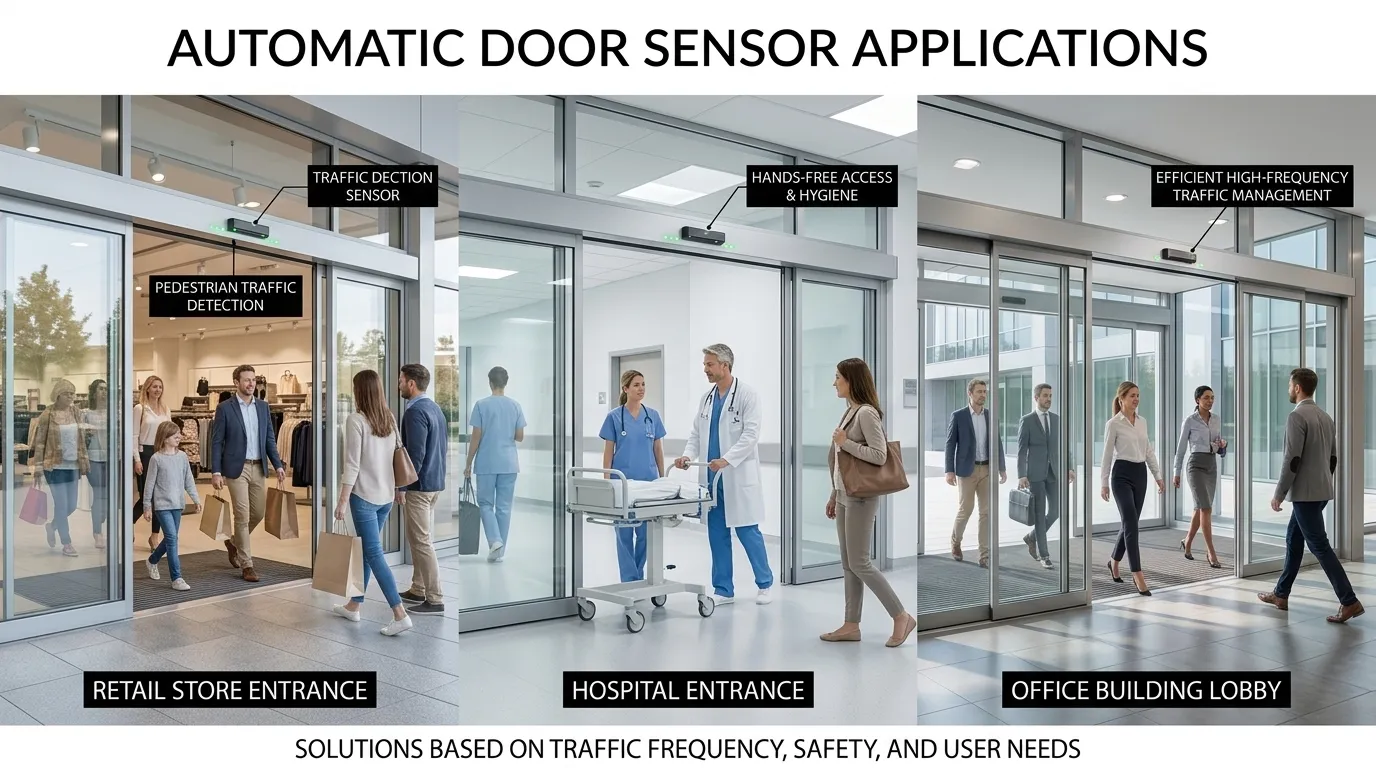 Automatic door sensor applications in retail hospitals and office buildings