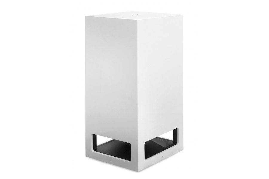 Black smart home device with screen showing time and temp