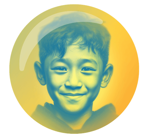 A young child with curly hair smiles warmly, presented in a circular frame with a yellow and blue gradient.