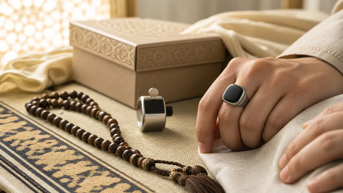 Smart dhikr ring with misbaha beads and a tally counter in warm prayer-corner light