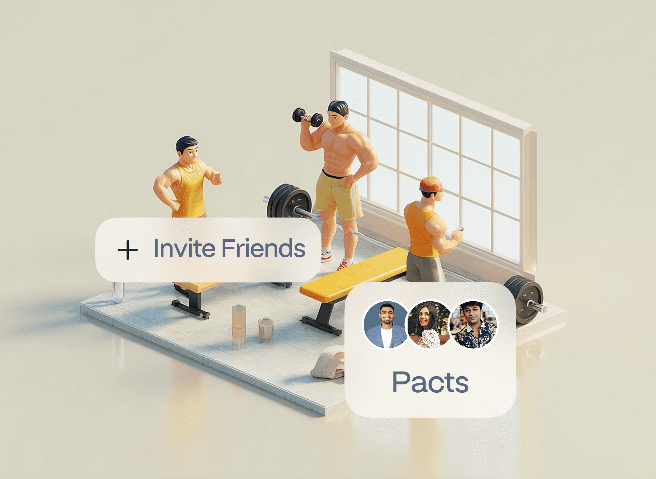 Loopday app illustration showing people working out together in a gym with buttons labeled Invite Friends and Pacts, representing social accountability in fitness.
