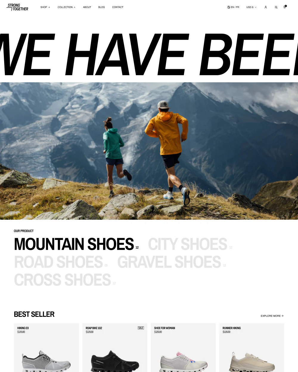 a screenshot of a website with Two runners, one in a teal jacket and the other in orange, jog on a mountain trail with snow-capped peaks ahead. Text reads "WE HAVE BEEN." Energetic and adventurous.