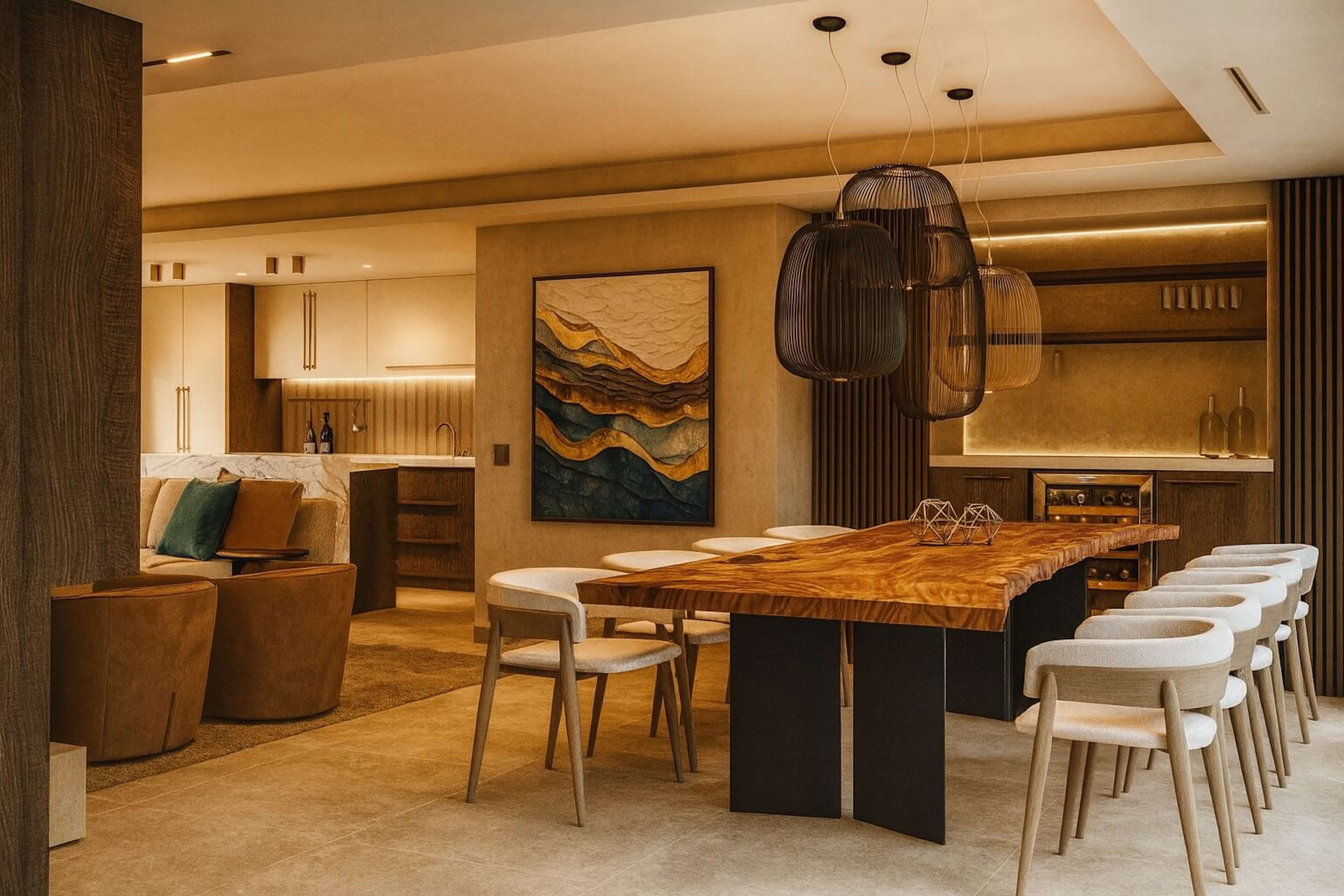 Elegant dining room featuring a live-edge wood table, sculptural pendant lights, and a soft neutral palette accented by warm wood tones and natural marble surfaces.