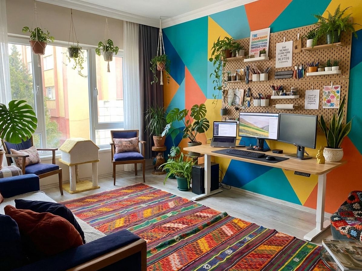 Creative studio home office with standing desk and accent wall by AI