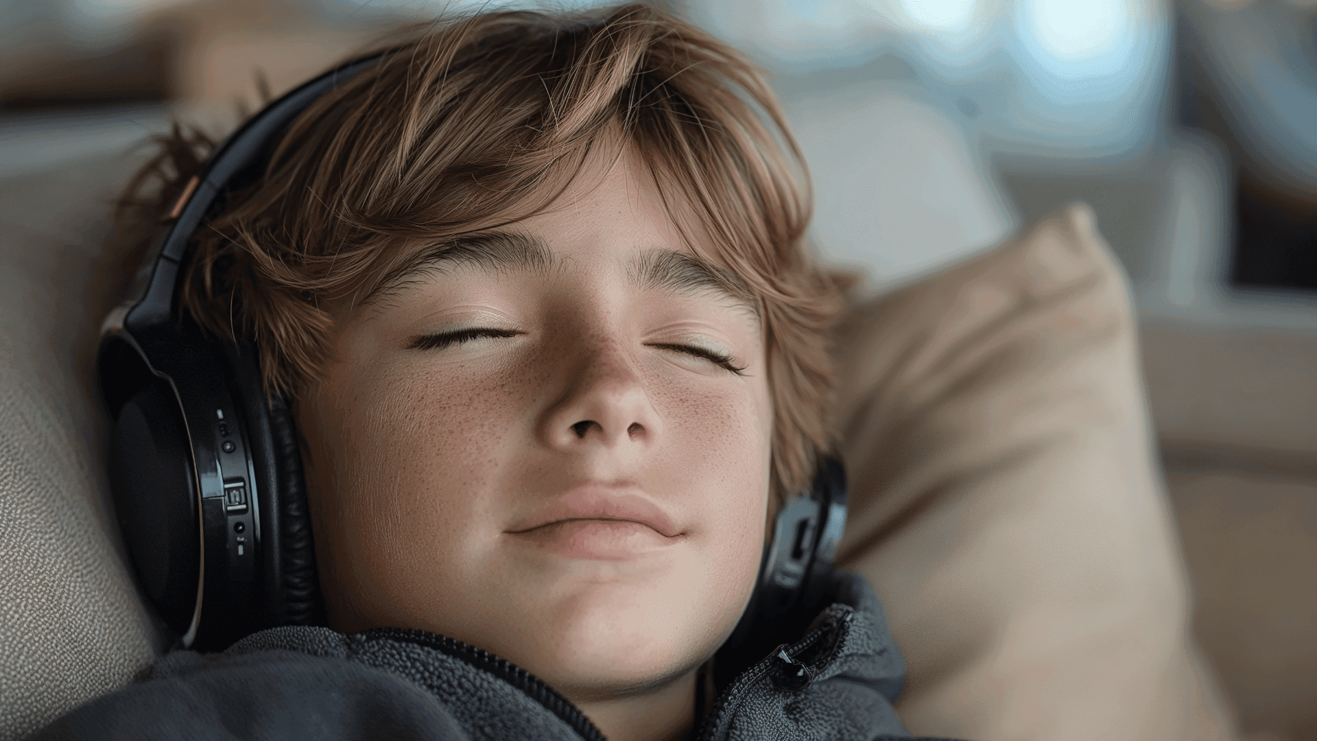 A young boy lying on a sofa, falling asleep while listening to HushAway®’s Sound Sanctuary.