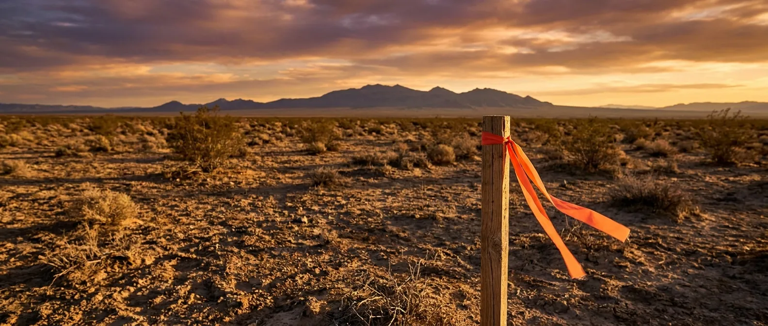 RockN' Socials: Desert landscape with a marked post at sunset. Digital Marketing.