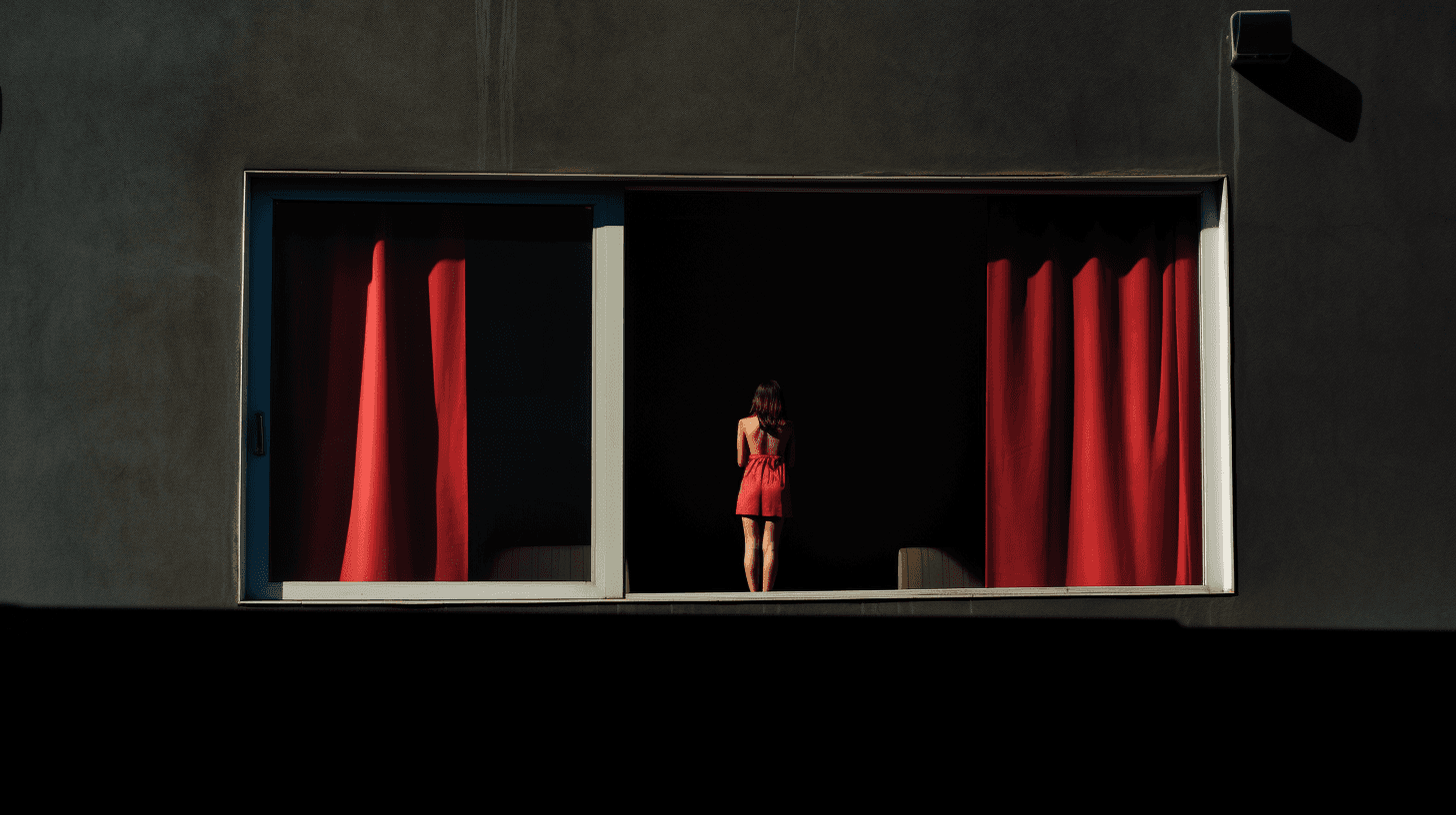 Red curtains lady