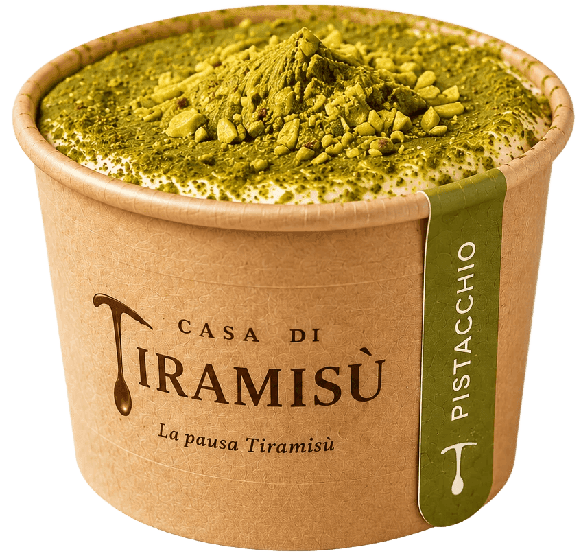 Pistachio tiramisù with homemade mascarpone and premium pistachio cream, inspired by Italian flavours.