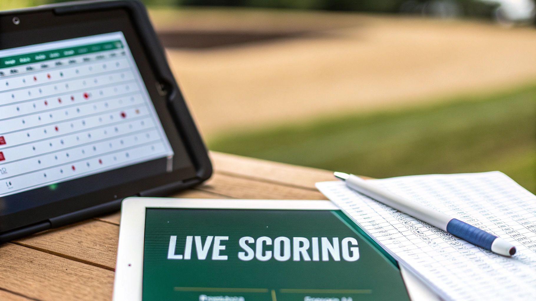 A close-up of a person's hand filling out a paper golf scorecard with a pencil, with a golf course in the background.