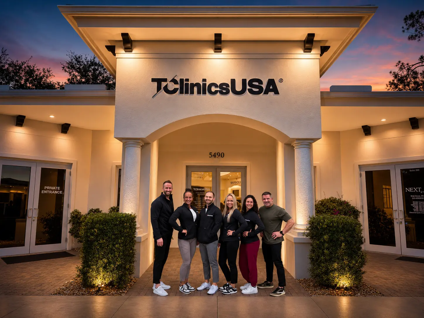Group of people in front of the T Clinics USA clinic entrance at dusk