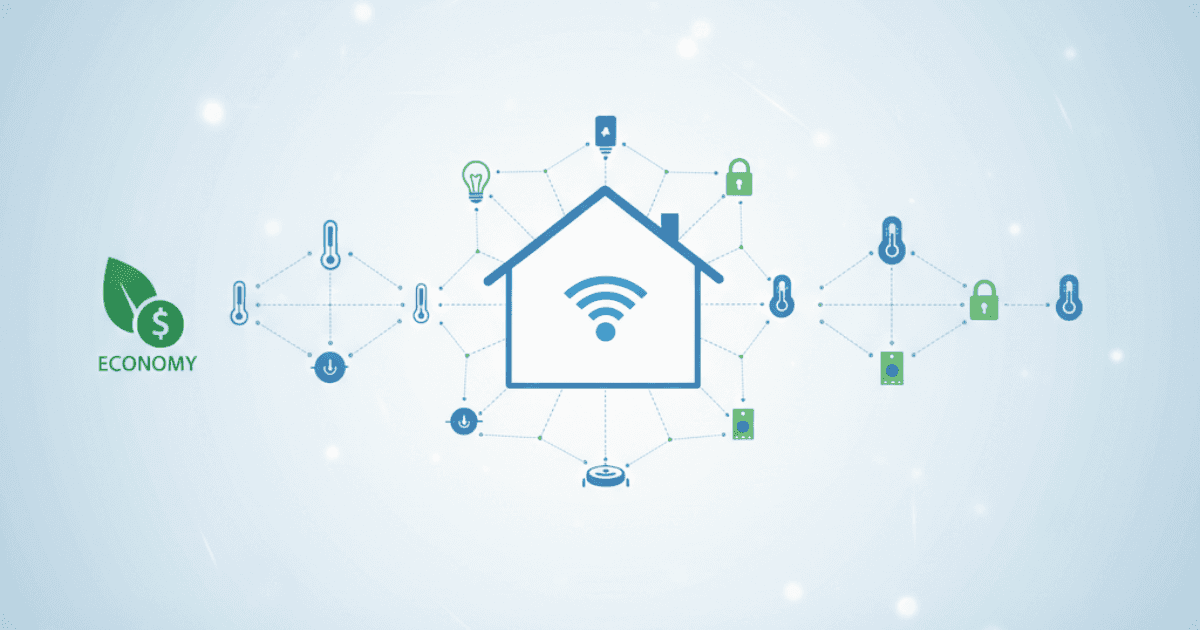 Ilustração de uma casa conectada com ícones de lâmpadas, alto-falantes e câmeras, representando o conceito de uma casa inteligente e automatizada.