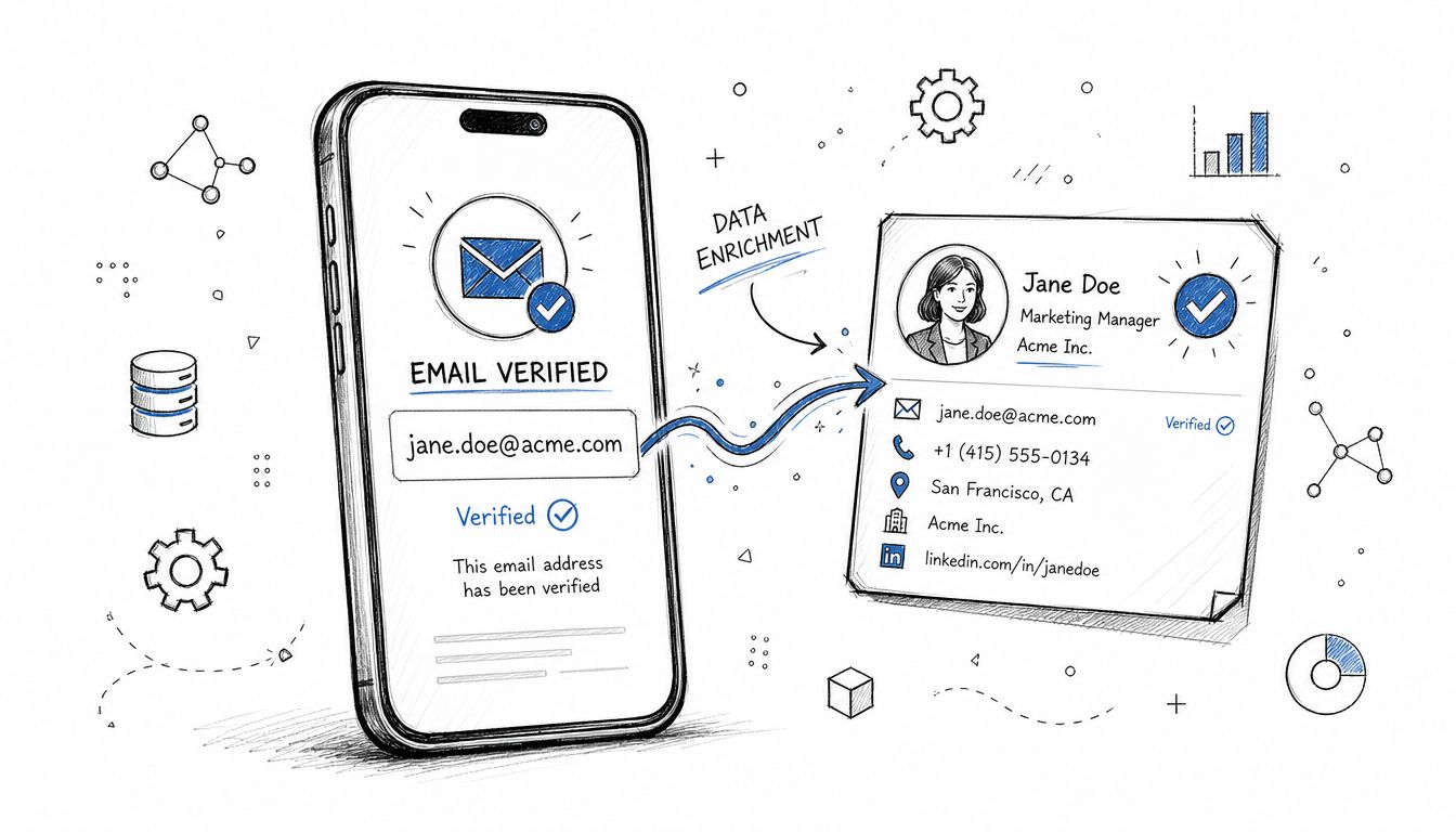A conceptual illustration showing an email address being verified on a smartphone and enriched with profile data.