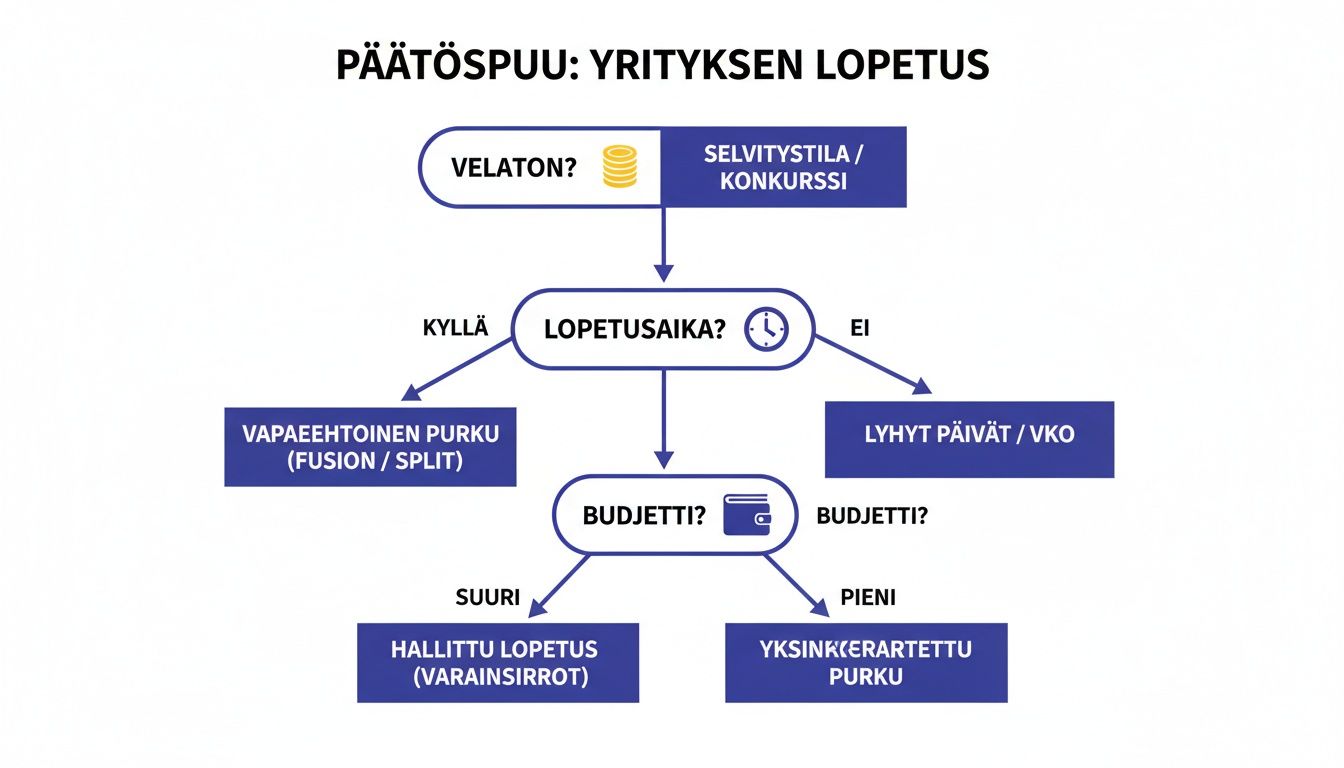 Päätöspuu yrityksen lopettamisesta, jossa valinnat riippuvat velattomuudesta, lopetusajasta ja budjetista.