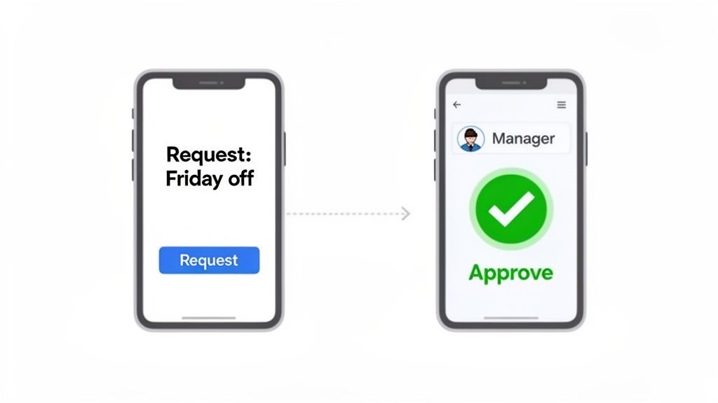 Mobile phones showing a 'Friday off' request and its subsequent manager approval.