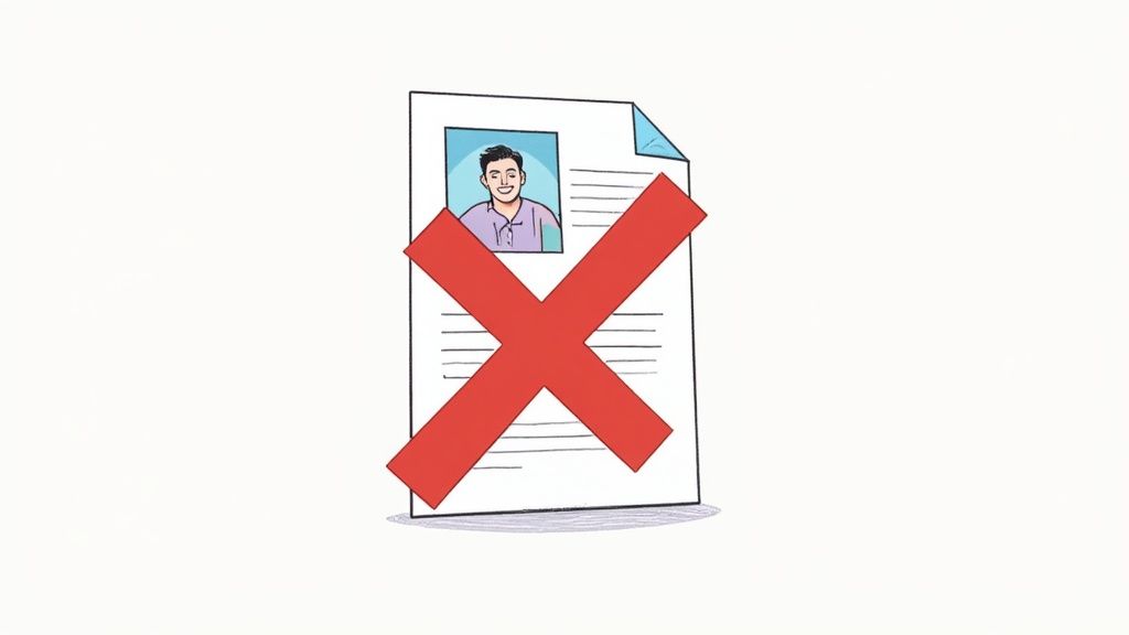 Eine Nahaufnahme eines Bewerbungsschreibens mit einem deutlich durchgestrichenen Platzhalter für ein Foto.