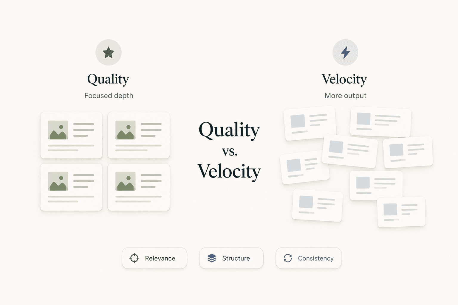 A simple visual comparing content quality and publishing velocity, showing that relevance, structure and consistency matter more than volume alone.