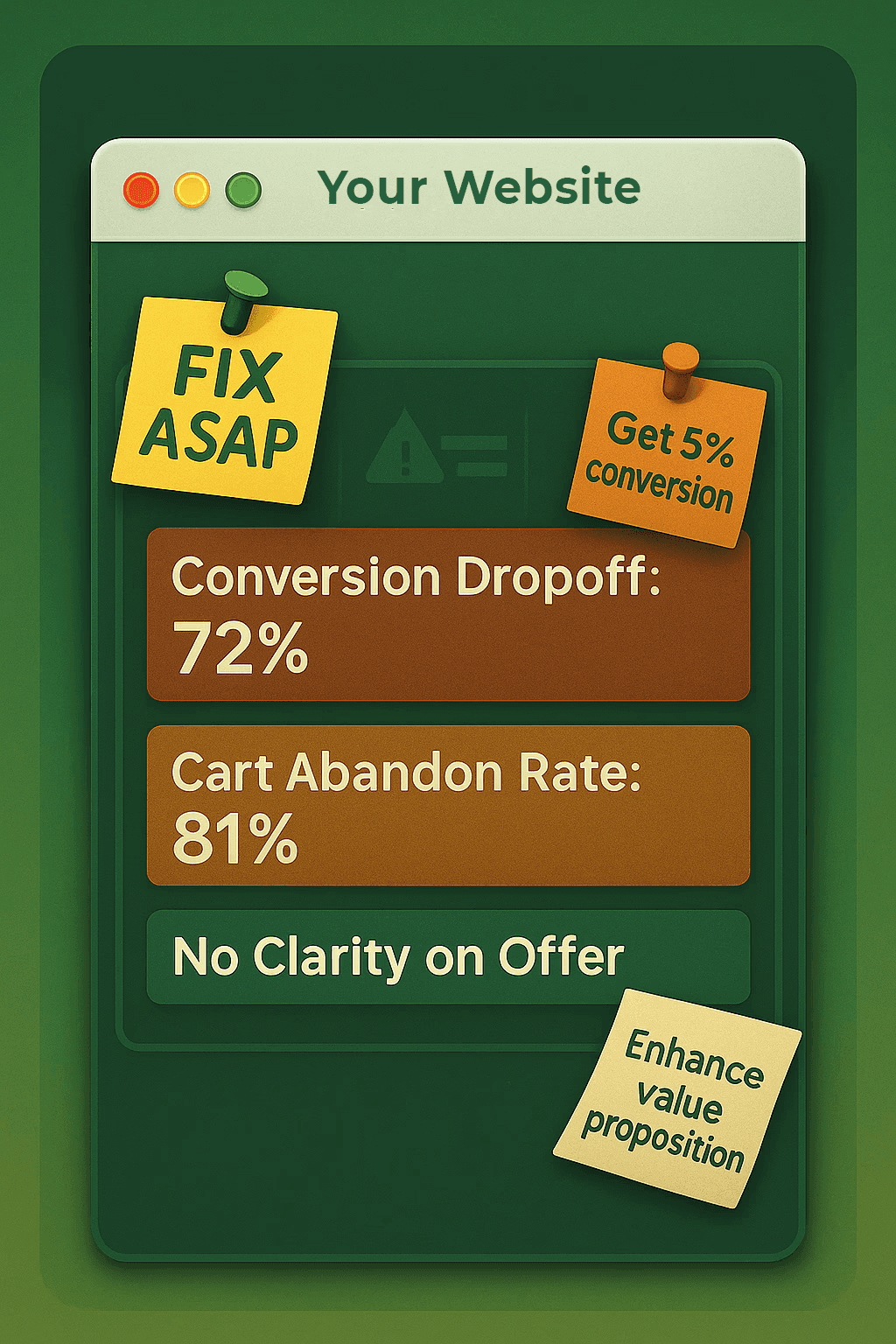Shopify analytics screen showing 72% conversion dropoff and 81% cart abandonment, with sticky notes suggesting value proposition fixes