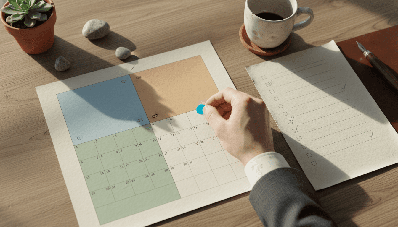 営業資料の更新タイミングを示すビジネスカレンダーとチェックリスト