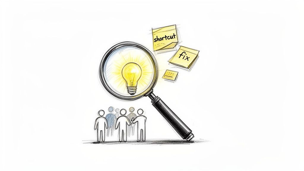 Illustration of a team discovering an idea with a magnifying glass, considering shortcuts and fixes.