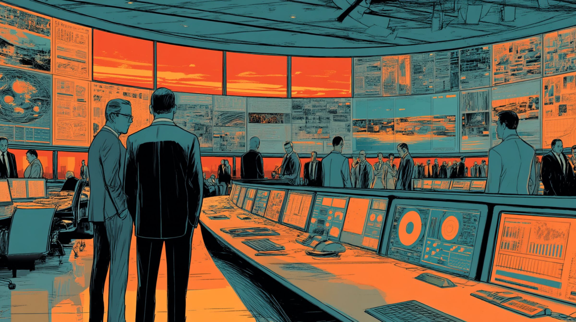 Rows of executives watch endless glowing screens in a vast command center — creativity reduced to data and display.