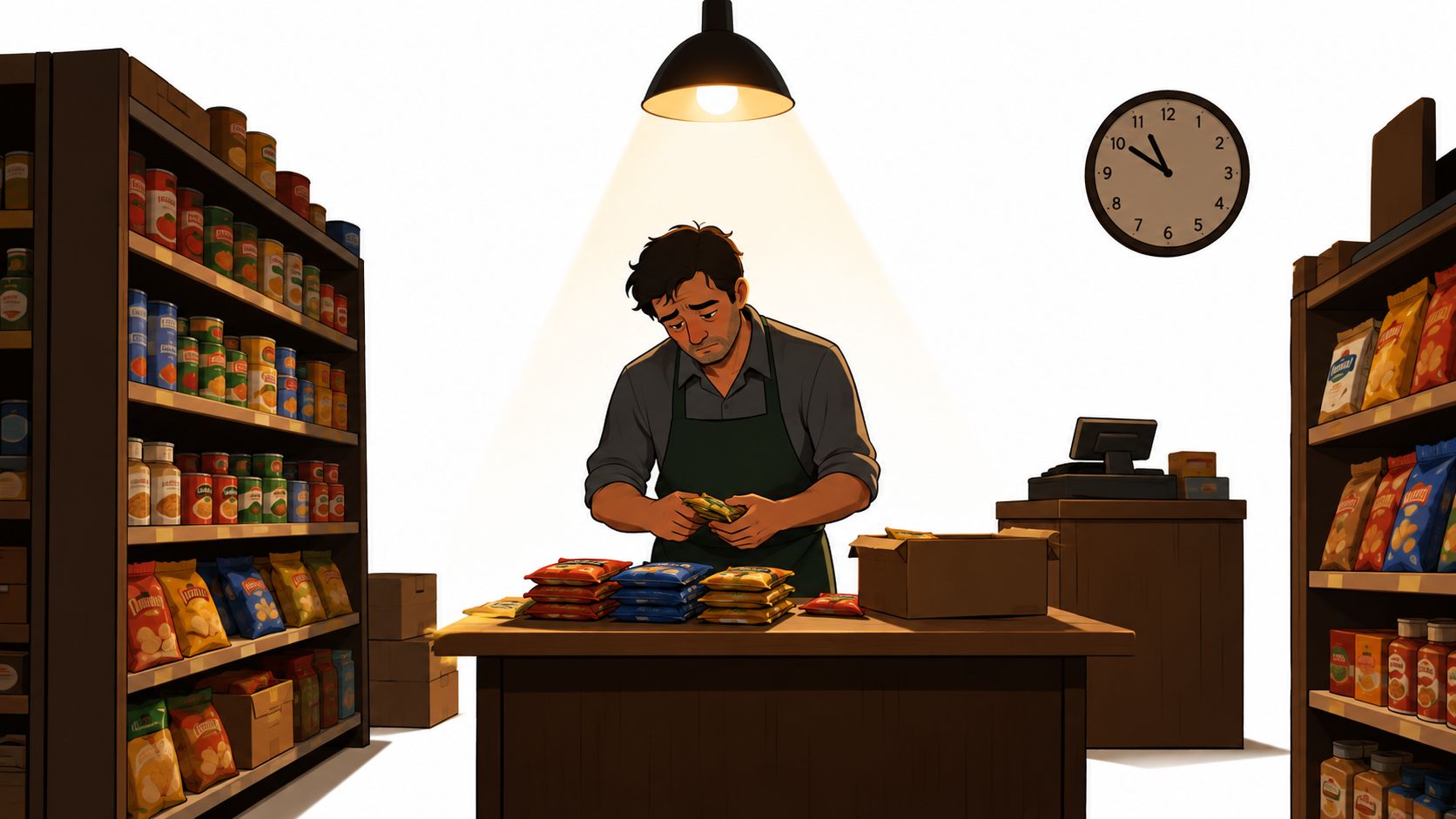 Un empleado de tienda se ve cansado mientras organiza el inventario de productos en el mostrador principal.