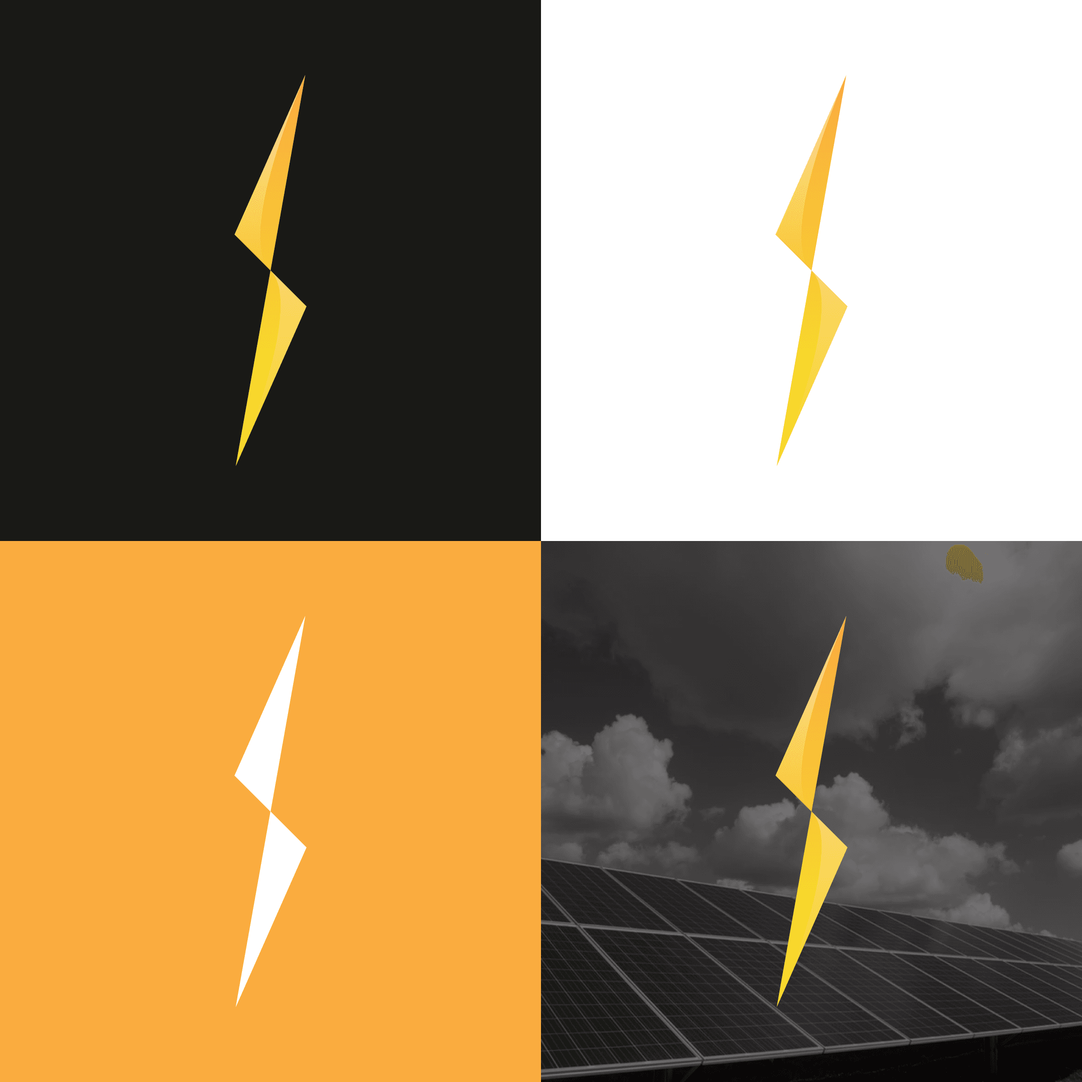 Four views of the Electriq Power bolt mark on different backgrounds