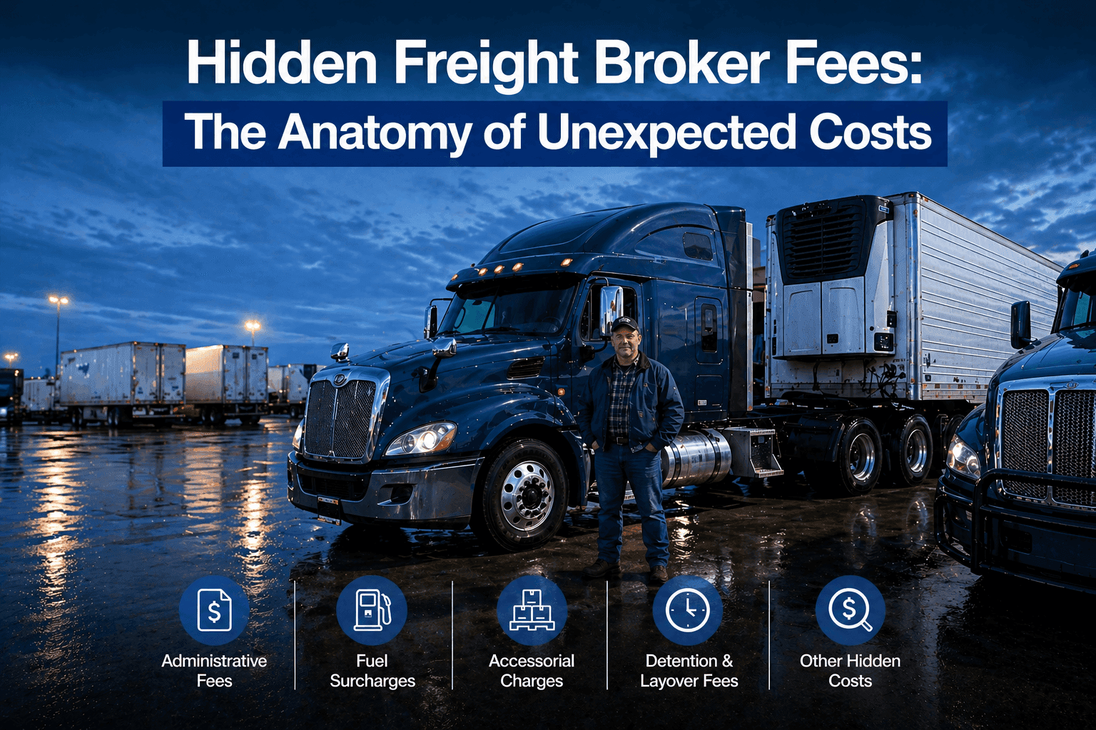 Truck driver standing in front of a semi truck in a loading yard at night with text outlining hidden freight costs like administrative fees, fuel surcharges, and detention fees.