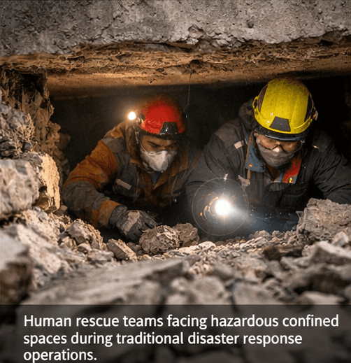 Human rescue teams facing hazardous confined spaces during traditional disaster response operations