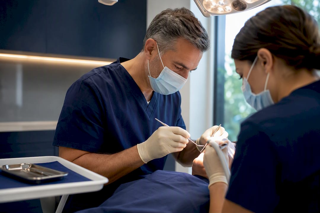 Dentista che detta osservazioni durante una procedura