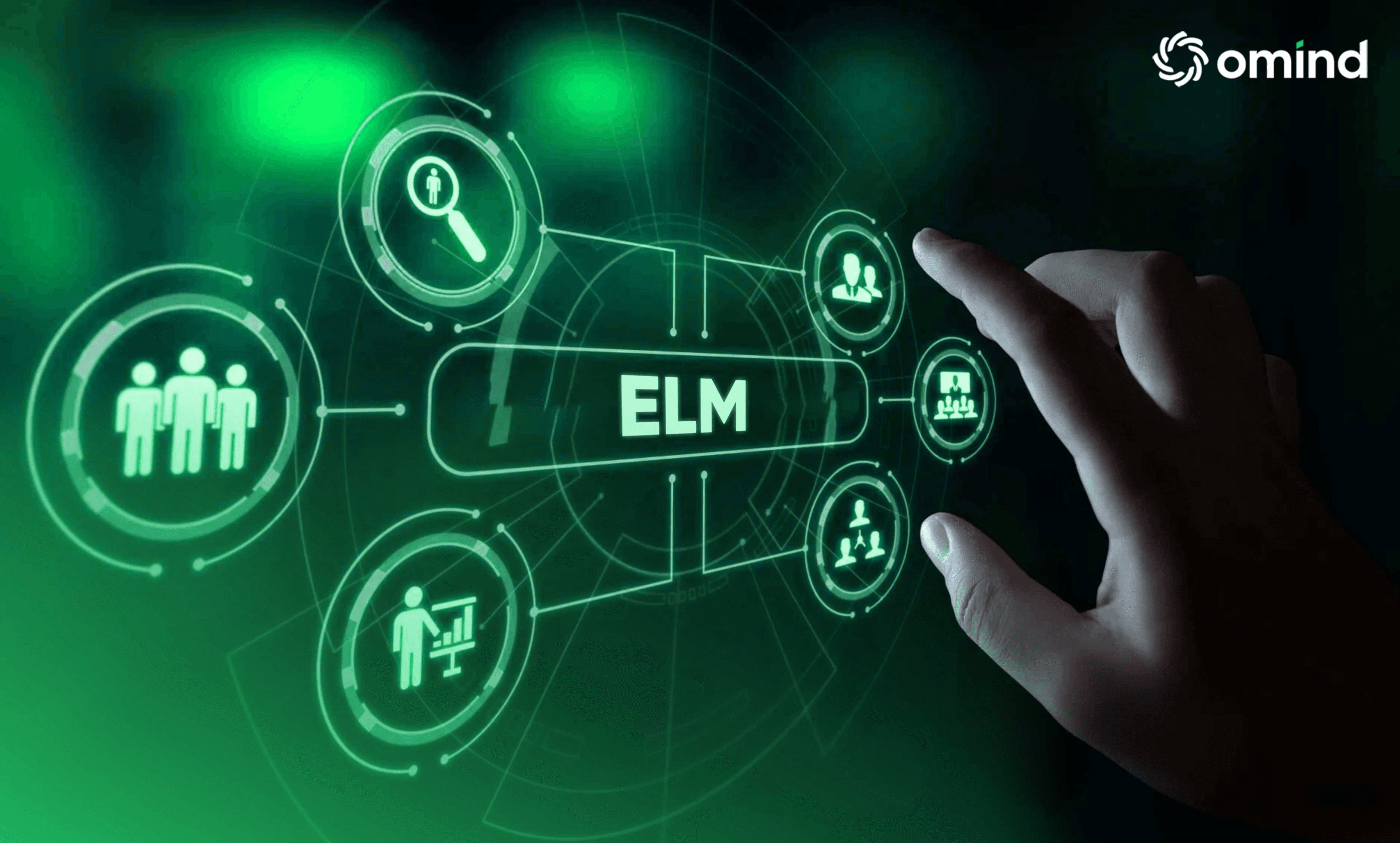 A hand interacts with a digital interface displaying various icons related to employee lifecycle management.