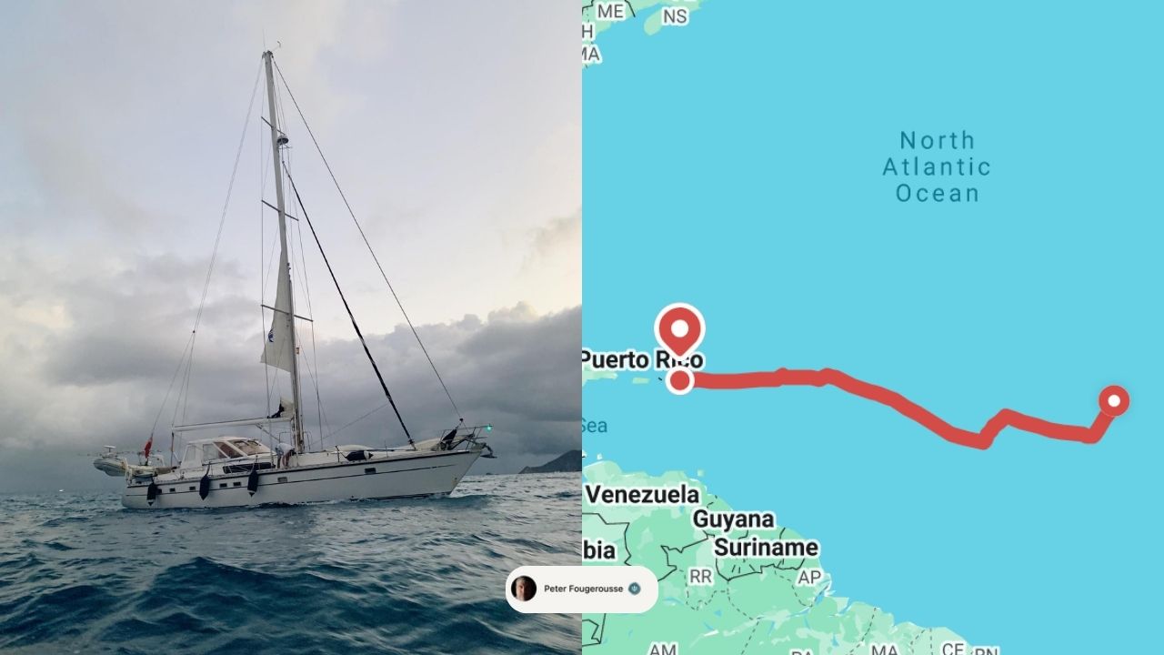 Sailboat crossing the Atlantic Ocean from Cape Verde to Saint Martin