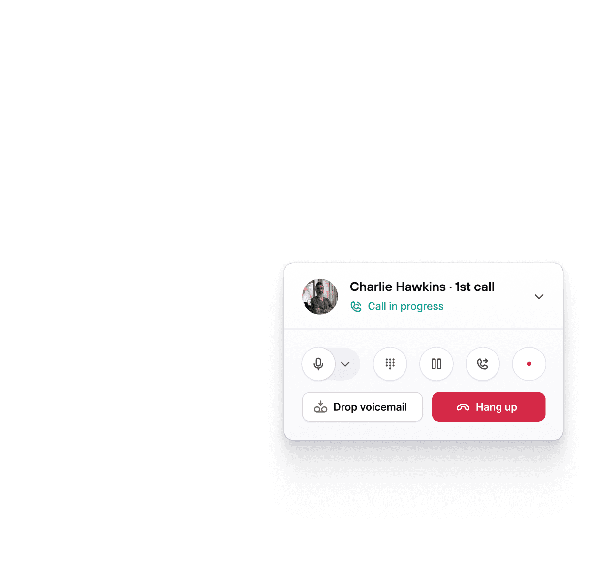 A call interface card displaying a contact's name, phone number, and status as "Call in progress." The card includes buttons for actions like "Drop voicemail" and "Hang up," showcasing the active management of calls.