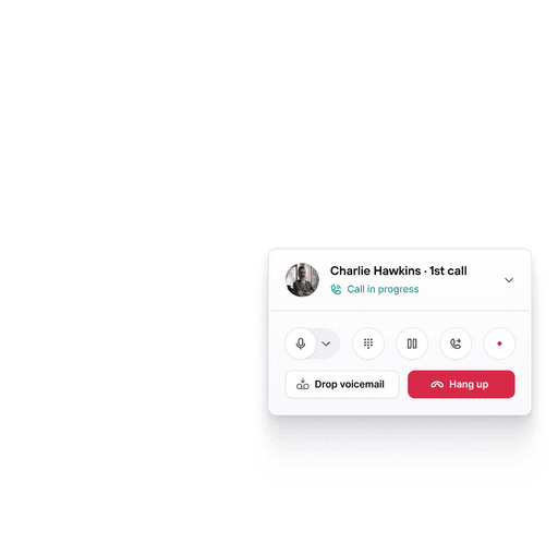 A call interface card displaying a contact's name, phone number, and status as "Call in progress." The card includes buttons for actions like "Drop voicemail" and "Hang up," showcasing the active management of calls.