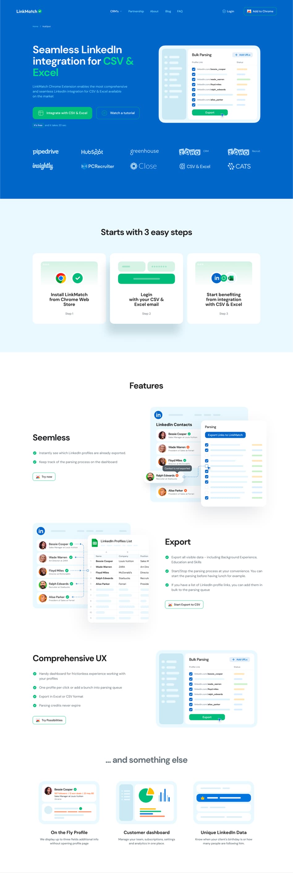 LinkMatch product page showing seamless LinkedIn integration for CSV and Excel, setup steps, feature list, export options, and LinkedIn data preview.