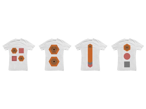 Four white t-shirts are displayed against a white background. From left to right: the first shirt has four pink squares arranged horizontally; the second has four orange hexagons arranged horizontally; the third has a vertical orange rectangle with a blue stripe at the bottom; and the fourth has a pink circle, a gray square, and a red circle.
