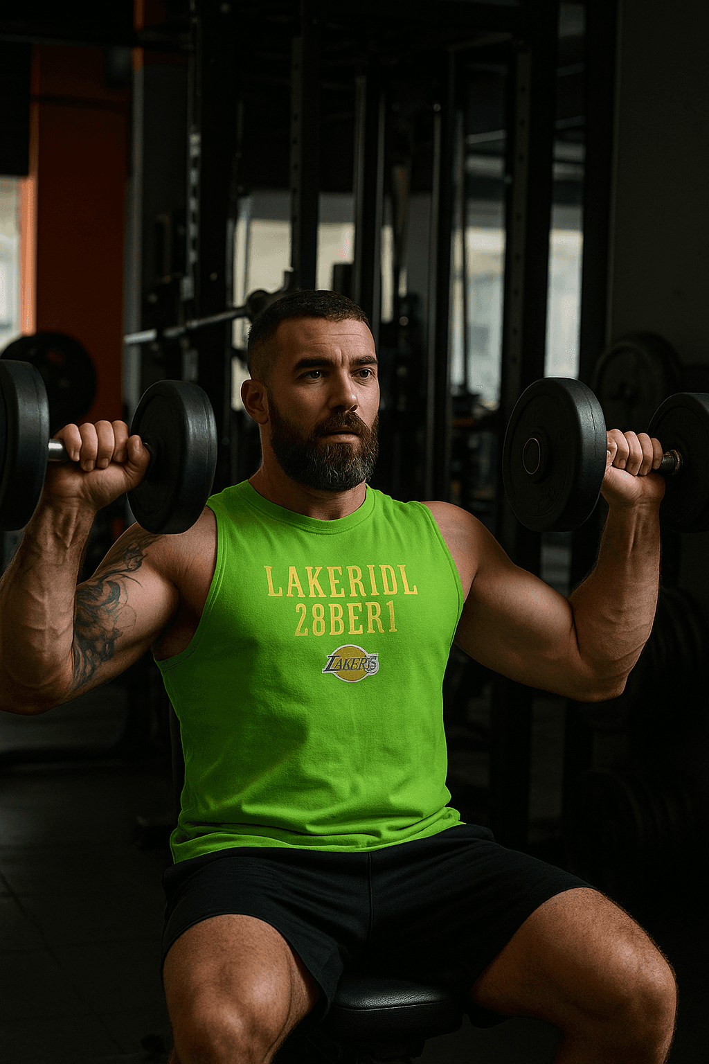 Male fitness coach in a green tank top preparing for a training session inside the gym, focused and ready to guide clients.