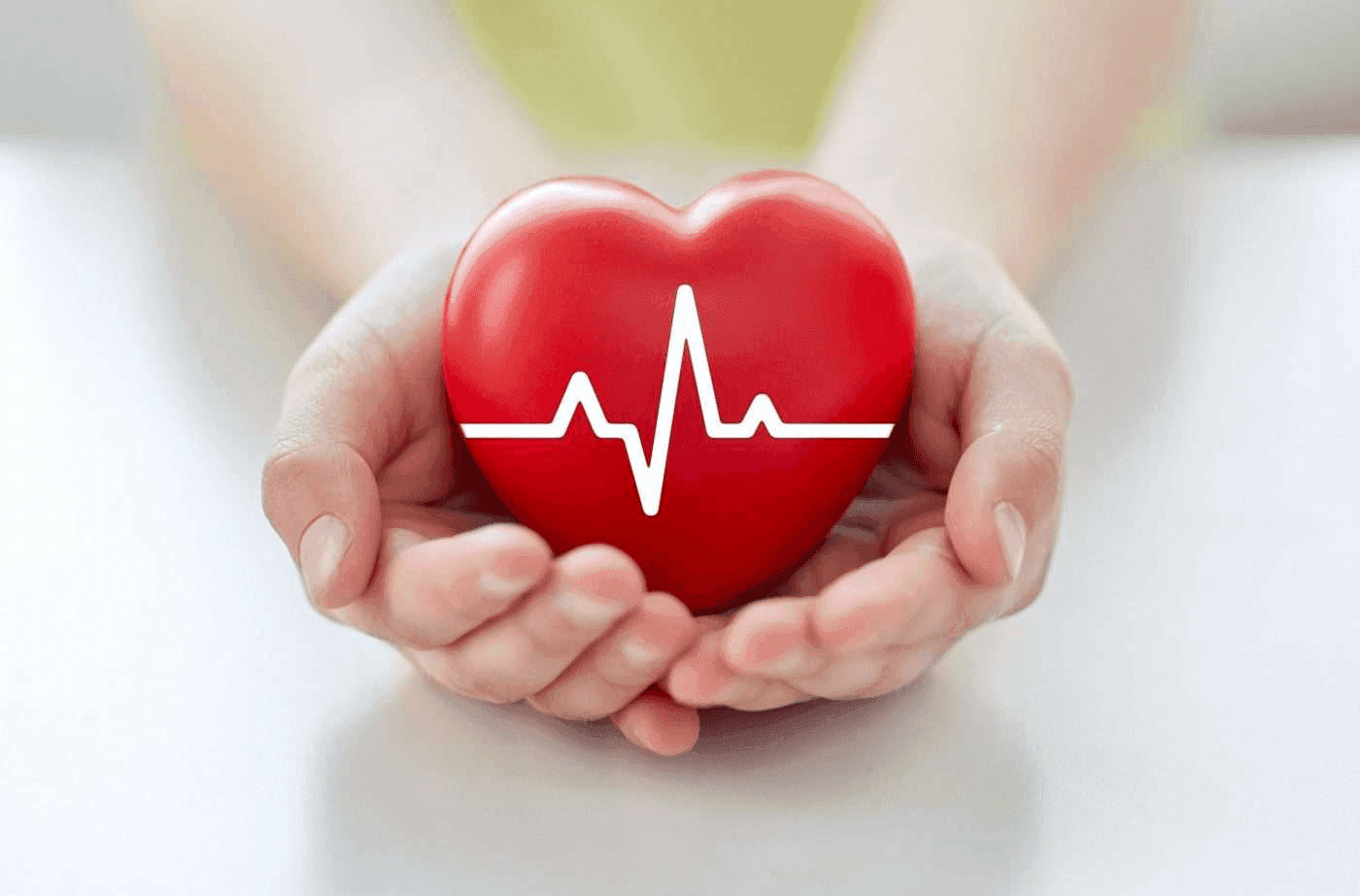 Two cupped hands gently holding a red heart model with a white heartbeat line.